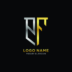 Obraz premium Abstract letter PF shield logo design template. Premium nominal monogram business sign.shield shape Letter Design in silver gold color