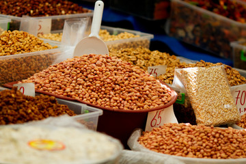 Pistachios and other nuts on display at farmer's market