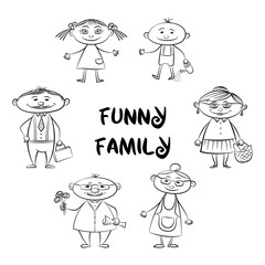Funny Family, Set of Cartoon Characters Mother, Father, Son, Daughter, Grandfather, Grandmother Black Contours Isolated on White. Vector