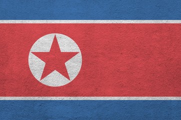 North Korea flag depicted in bright paint colors on old relief plastering wall. Textured banner on...