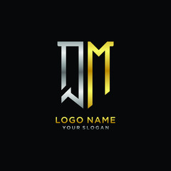 Abstract letter QM shield logo design template. Premium nominal monogram business sign.shield shape Letter Design in silver gold color