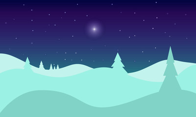 Obraz na płótnie Canvas Winter landscape with hills and christmas tree. Winter season. Night sky with light star. Horizontal vector wallpaper for background, banner, website.