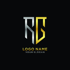 Abstract letter RG shield logo design template. Premium nominal monogram business sign.shield shape Letter Design in silver gold color