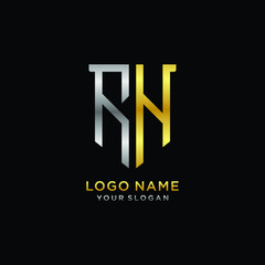 Abstract letter RH shield logo design template. Premium nominal monogram business sign.shield shape Letter Design in silver gold color