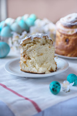 Cutted easter cake and painted eggs