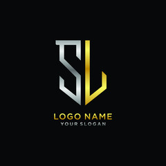 Abstract letter SL shield logo design template. Premium nominal monogram business sign.shield shape Letter Design in silver gold color