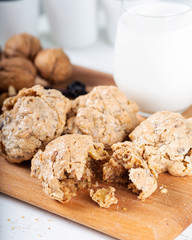 Crispy cookies with walnut and tahini and glass of milk