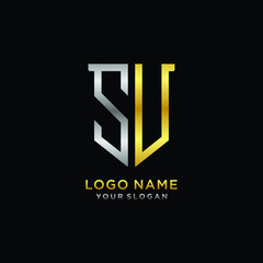 Obraz premium Abstract letter SU shield logo design template. Premium nominal monogram business sign.shield shape Letter Design in silver gold color