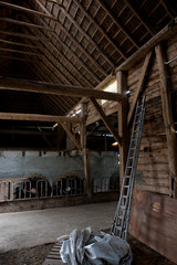 Old wooden barn in Ruinerwold Drenthe Netherlands. Interior roof with reed and wood structure. Beams
