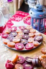 Churchkhela - Georgian dessert candy sweets with walnuts, grape juice and wheat flour.