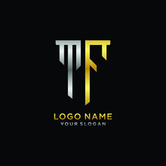 11 Abstract letter TF shield logo design template. Premium nominal monogram business sign.shield shape Letter Design in silver gold color