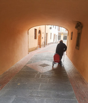 Donna anziana con stampella e borsa della spesa