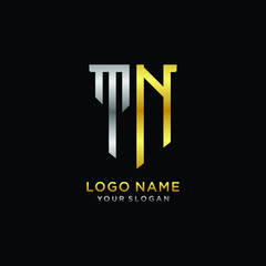 11 Abstract letter TN shield logo design template. Premium nominal monogram business sign.shield shape Letter Design in silver gold color