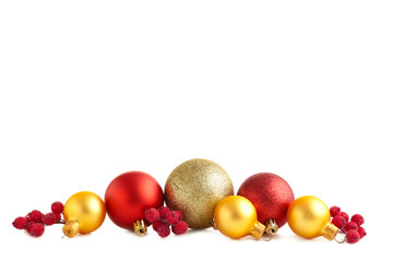 Set of gold and red Christmas balls with decor isolated on white