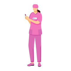 Nurse in pink uniform flat vector illustration. Medic with syringe cartoon character. Professional hospital midwife. Physician, doctor doing procedure. Medicine and healthcare worker isolated on white