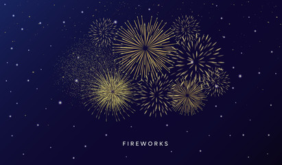 Vector Bright festive fireworks in the night sky. Lighting effects, luminous elements. Happy New Year and Christmas.