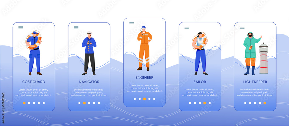 Poster maritime professions onboarding mobile app screen vector template. coast guard, engineer and navigat