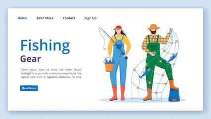 Fishing gear landing page vector template. Marine occupation website interface idea with flat illustrations. Fisherman homepage layout. Fishing equipment web banner, webpage cartoon concept