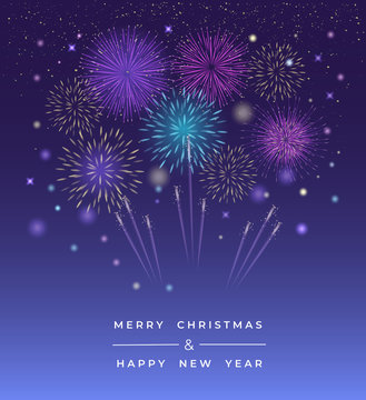 Vector Bright festive fireworks in the night sky. Lighting effects, luminous elements. Happy New Year and Christmas.