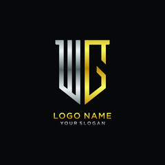 11 Abstract letter WG shield logo design template. Premium nominal monogram business sign.shield shape Letter Design in silver gold color