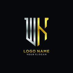 11 Abstract letter WK shield logo design template. Premium nominal monogram business sign.shield shape Letter Design in silver gold color