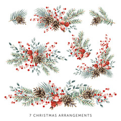 Christmas nature design arrangements collection, white background. Green pine, fir twigs, cones, red berries. Vector illustration. Greeting card, poster elements. Winter Xmas holidays
