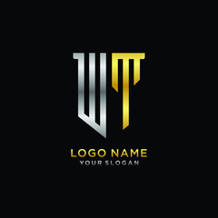 11 Abstract letter WT shield logo design template. Premium nominal monogram business sign.shield shape Letter Design in silver gold color