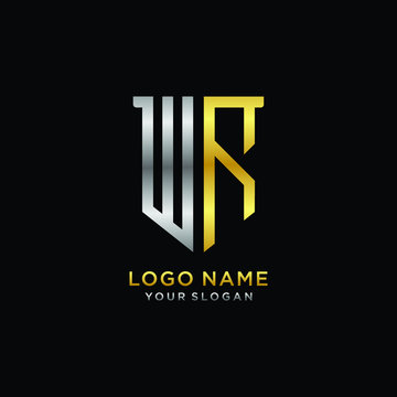 11 Abstract letter WR shield logo design template. Premium nominal monogram business sign.shield shape Letter Design in silver gold color