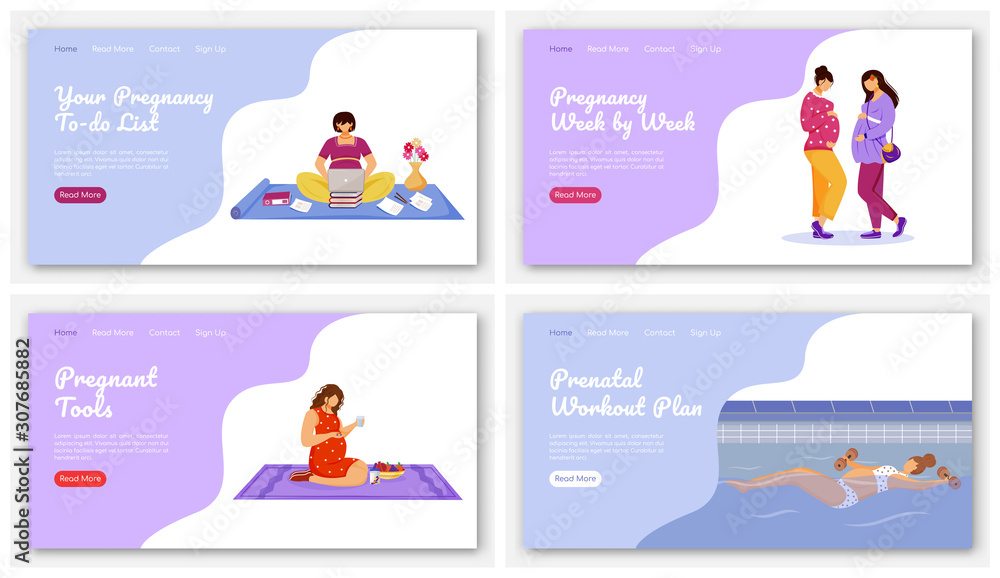 Poster happy pregnancy landing page vector template set. maternity preparation website interface idea with 