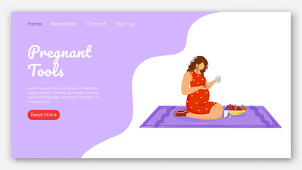 Pregnant tools landing page vector template. Therapy and healthy nutrition website interface idea with flat illustrations. Pregnancy healthcare homepage layout. Web banner, webpage cartoon concept