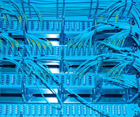 Netzwerk Switch und Netzwerkkabel Lichwellenleiter LWL in einem Rechenzentrum