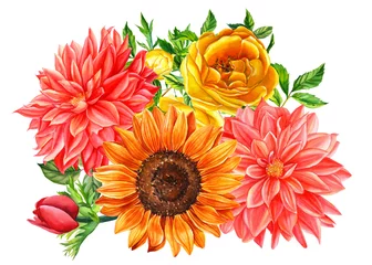 Fototapete Dahlie schöner Blumenstrauß gelbe Sonnenblume und Dahlie isoliert auf weißem Hintergrund, Aquarellillustration, botanische Kunst