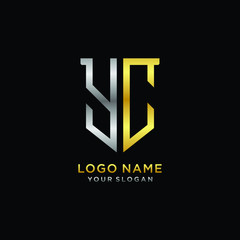 11 Abstract letter YC shield logo design template. Premium nominal monogram business sign.shield shape Letter Design in silver gold color