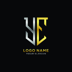 11 Abstract letter YE shield logo design template. Premium nominal monogram business sign.shield shape Letter Design in silver gold color