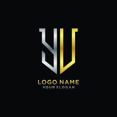 11 Abstract letter YU shield logo design template. Premium nominal monogram business sign.shield shape Letter Design in silver gold color