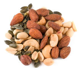 .mix of nuts and grains on a white background