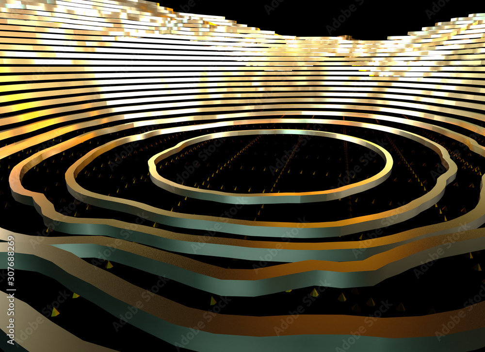 Poster Abstract topographic map 3D background with shiny golden lines in sci-fi technology style. 3D illustration