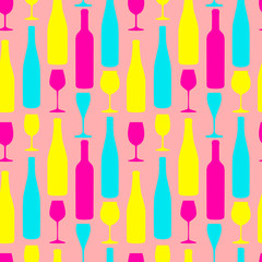 Vector colorful pattern with wine bottles and glasses