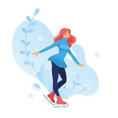 Ice figure skating graceful girl in beautiful poses frozen flowers background. Winter season card. Christmas holidays outdoor activities. flat sports illustration women silhouette on ice rink. Vector