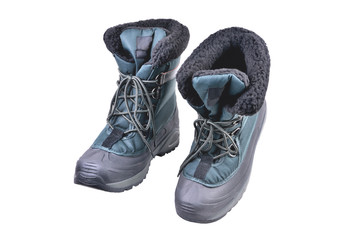 shoes, off-road boots warmed for the cold season, high shin, lacing, anti-slip corrugated reinforced sole for travel and winter fishing isolate on a white background