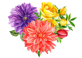 bouquet in the form of a heart of flowers yellow rose, purple dahlia on an isolated white background, watercolor illustration, botanical painting, flora design