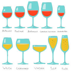 Vector set with kinds of glasses and names 