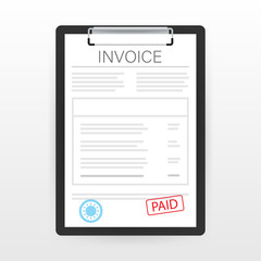 Invoice with paid stamp in clipboard. Vector stock illustration.