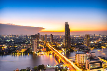 Fototapeta na wymiar Twilight hour ,Chao Phraya river ,view from high building, Bangkok ,Thailand