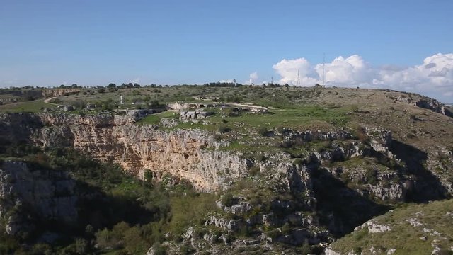 Murgia of Matera rocky plateau landscape on sunny day