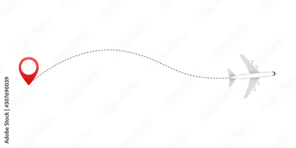 Poster airplane line path icon of air plane flight route with start point and dash line trace. aircraft cli