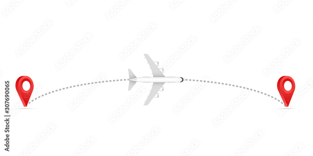 Poster airplane line path icon of air plane flight route with start point and dash line trace. aircraft cli