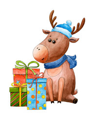 New year's postcard with deer and gifts. Christmas and New year. Watercolor cartoon animal. Cute character. Hand drawn illustration. Greeting card, postcard