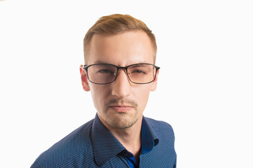 close-up portrait of a guy with glasses on a white background