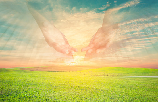 The hand opened up from heaven To welcome prayer to God background Style Double exposure	